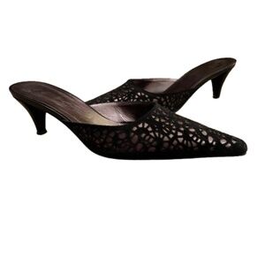 EUC St. John Pointed Toe Kitten Heel Slides Shoes Pumps‎ Black & Pewter Size 7 B